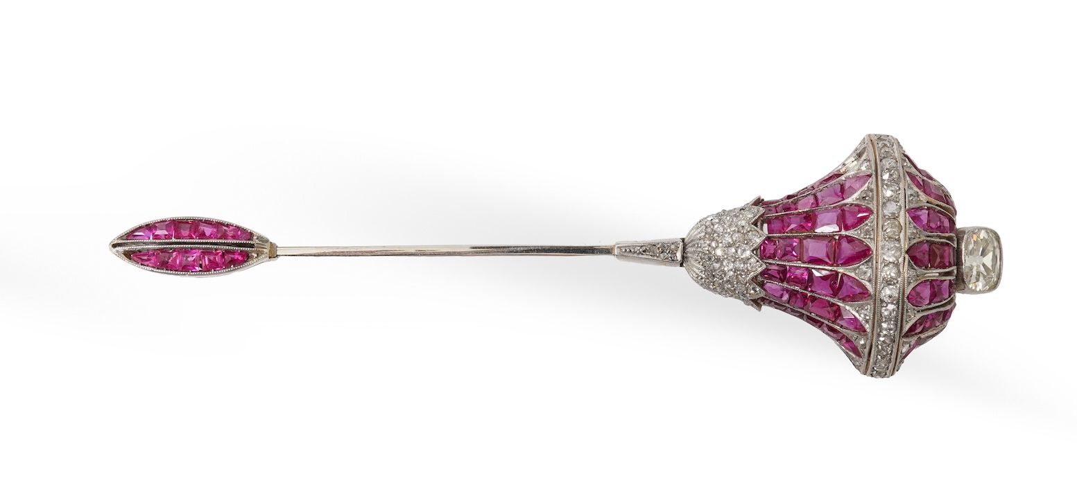 An impressive ruby and diamond jabot pin